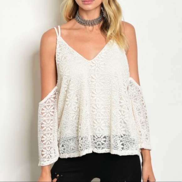 Style Cash or Credit Tops - White Lace Cold Shoulder Blouse Off Shoulder